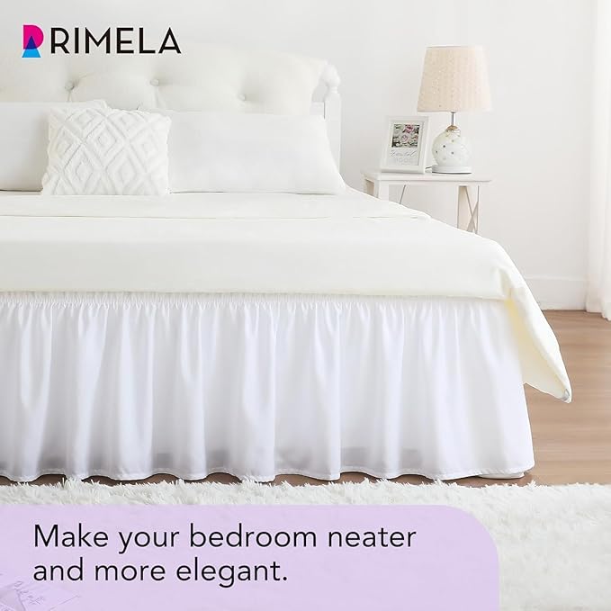 RIMELA Full Size White Bed Skirt 15 Inch Drop, Wrap Around Elastic Bed Skirts Full Size Dust Ruffle, Bedskirt for Adjustable Bed Base Solid Wrinkle and Fade Resistant Silky Fabric Machine Washable