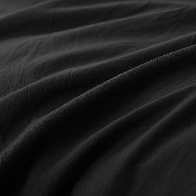 JIYUAN 100% Washed Cotton Duvet Cover Set 3 Pieces Queen, 1 Duvet Cover 90x90 Inches(Comforter Not Included) and 2 Pillowcases,Linen Feel Bedding Set Comfy and Breathable,Black