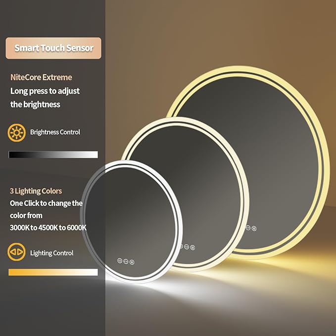 LUVODI Lighted LED Bathroom Mirror: 24”Round Wall Mounted Large Lighted Makeup Mirror with Bright Back Lit - Illuminated Dimmable 3 Colors Vanity Mirrors with Demister Pad Smart Touch Switch