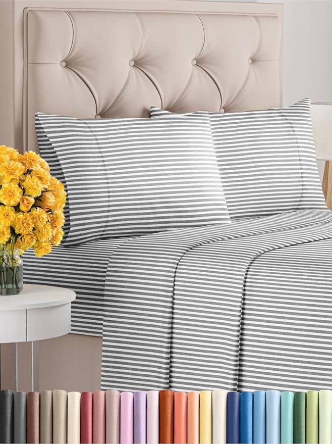 Cal King Size 4 Piece Sheet Set - Extra Soft, Breathable and Cooling Sheets - Hotel Luxury Bed Sheets for Women & Men - Deep Pockets, Easy-Fit & Wrinkle-Free Sheets - Grey Stripes Oeko-Tex Bed Sheets