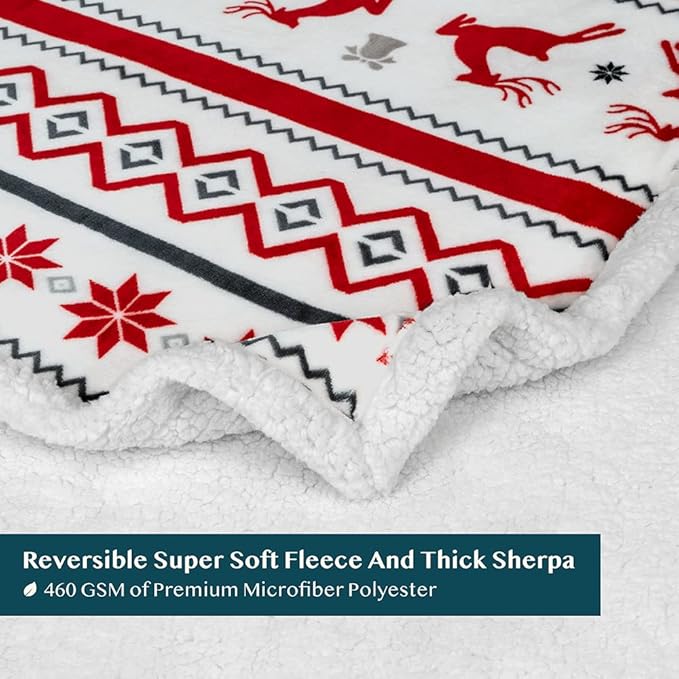 PAVILIA Premium Christmas Sherpa Throw Blanket | Christmas Decoration Gift, Fleece, Plush, Warm, Cozy Reversible Microfiber Holiday Blanket | White Reindeer - 60x80 Twin
