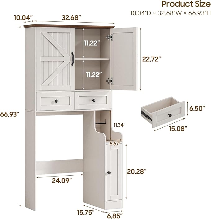 Over The Toilet Storage Cabinet, Storage Cabinet Over Toilet with Double Doors & Toilet Paper Holder Stand, Freestanding Toilet Shelf Space Saver with Anti-Tip Design & Adjustable Shelf, White