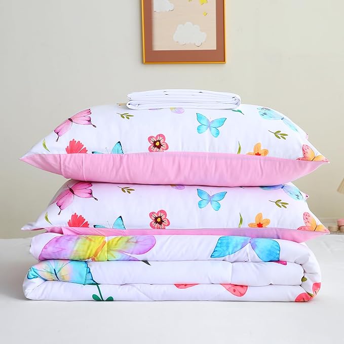 Wajade 7 Piece Butterfly Comforter Set for Girls Kids Cute Colorful Butterfly Flowers Floral Bedding Set Queen Size with Sheet and 2 Pillowcases 2 Pillow Shams Bed in a Bag as Birthday Choice