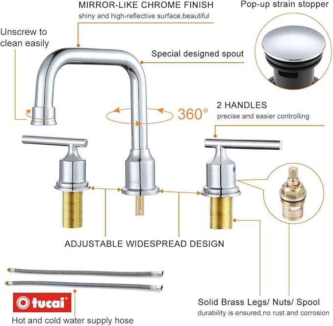 WOWOW Widespread Bathroom Faucet Chrome 8 inch Bathroom Sink Faucet Adjustable 3 Pieces Basin Faucets 360° Swivel Spout Modern Lavatory Faucet Vanity Faucets Water Supply Lines Quick Install Pipe