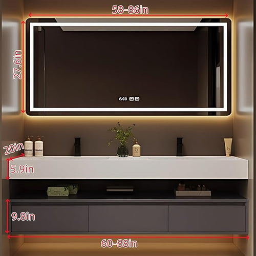 64IN Bathroom Vanity Double Sink - Double Sink Bathroom Vanity Set Include Smart Defogging Bathroom Mirror Cabinet with LED Light Strips, Abundant Storage Space with 3 Drawers (Mirror)