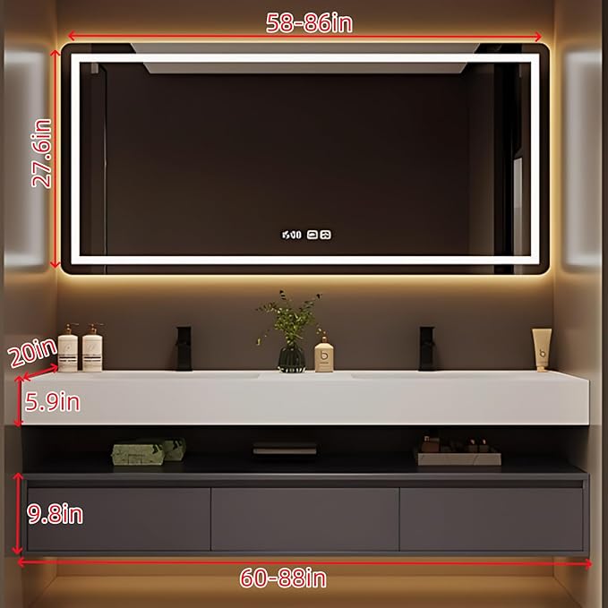 68IN Bathroom Vanity Double Sink - Double Sink Bathroom Vanity Set Include Smart Defogging Bathroom Mirror Cabinet with LED Light Strips, Abundant Storage Space with 3 Drawers (Mirror)