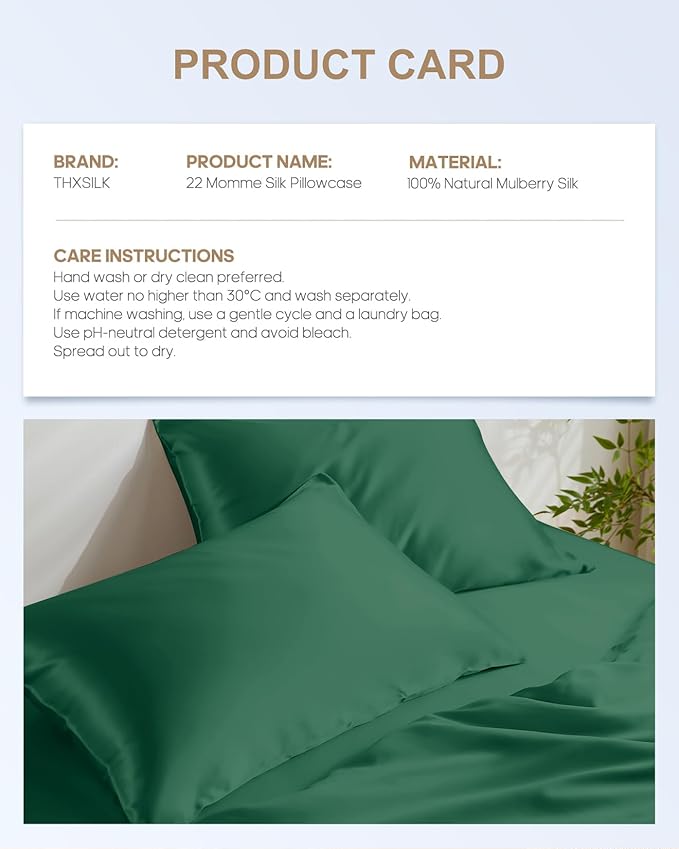THXSILK 100% Mulberry Silk Pillowcase for Hair and Skin Health, Hidden Zipper, 22 Momme, Both Sides Smooth, Breathable and Natural, Sleep Pillow Case (Standard 20"x26", Emerald Green)