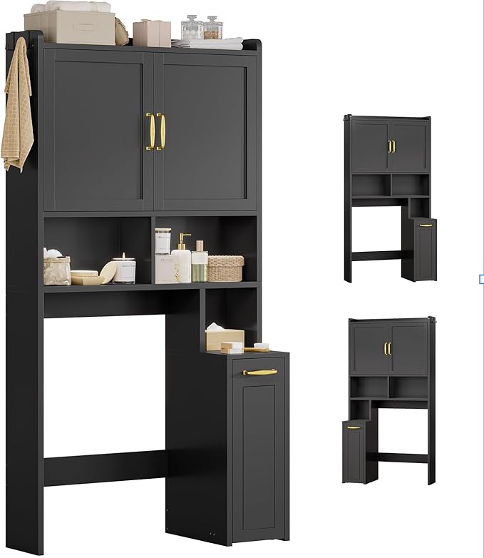 Over The Toilet Storage Cabinet with Pulley Small Bathroom Storage Cabinet, Space Saver W/Adjustable Shelf & Open Shelf for Bathroom, Restroom, Laundry (Black)