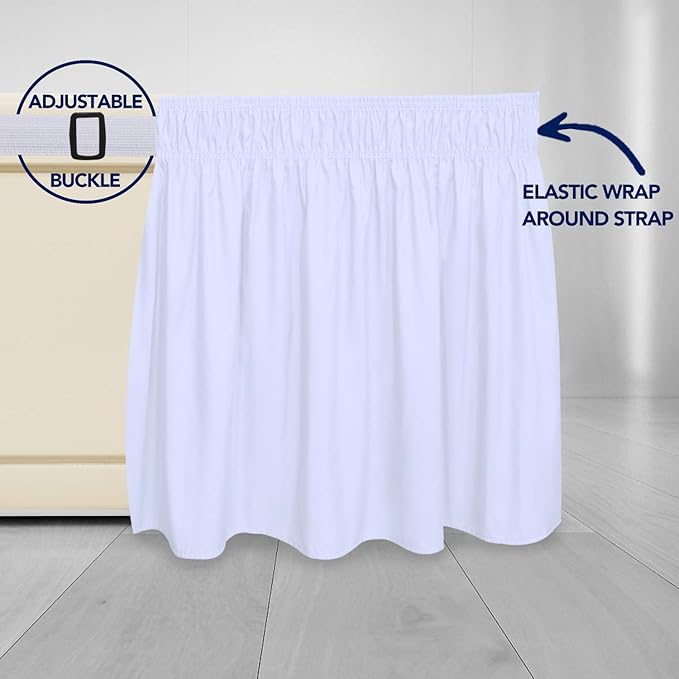 PureFit Wrap Around Ruffled Bed Skirt with Adjustable Elastic Belt - 14 Inch Drop Easy to Put On, Wrinkle Free Bedskirt Dust Ruffles, Bed Frame Cover for Queen, King and C-King Size Beds, White