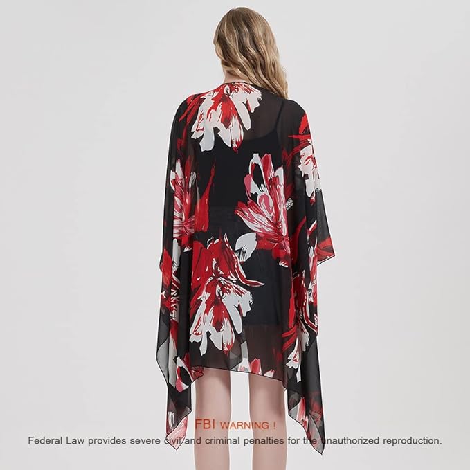 Women's Bohemian Floral Chiffon Beach Cover up Swimsuit Kimono Summer Swimwear Cardigans