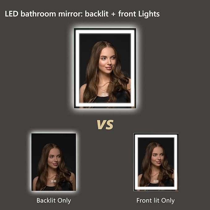 APRILSOUL 24x30 Inch LED Bathroom Mirror with Front and Backlit, Makeup Mirror with 3 Color Lights, Memory Function, Anti-Fog and Dimmable Light (Horizontal)