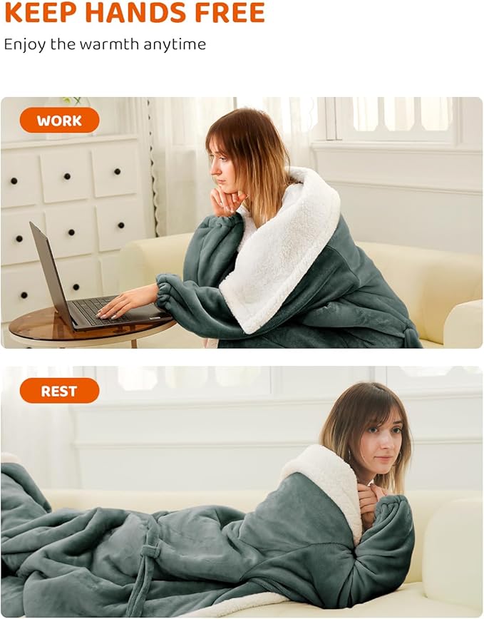 Heated Blanket Electric Blanket Throw Size with Foot Pockets & Sleeves, Flannel Heating Blanket with 9 Heating Levels & 1-9 Hours Auto Off, Fast Heating & Overheat Protection, 50" x 70", Deep Gray