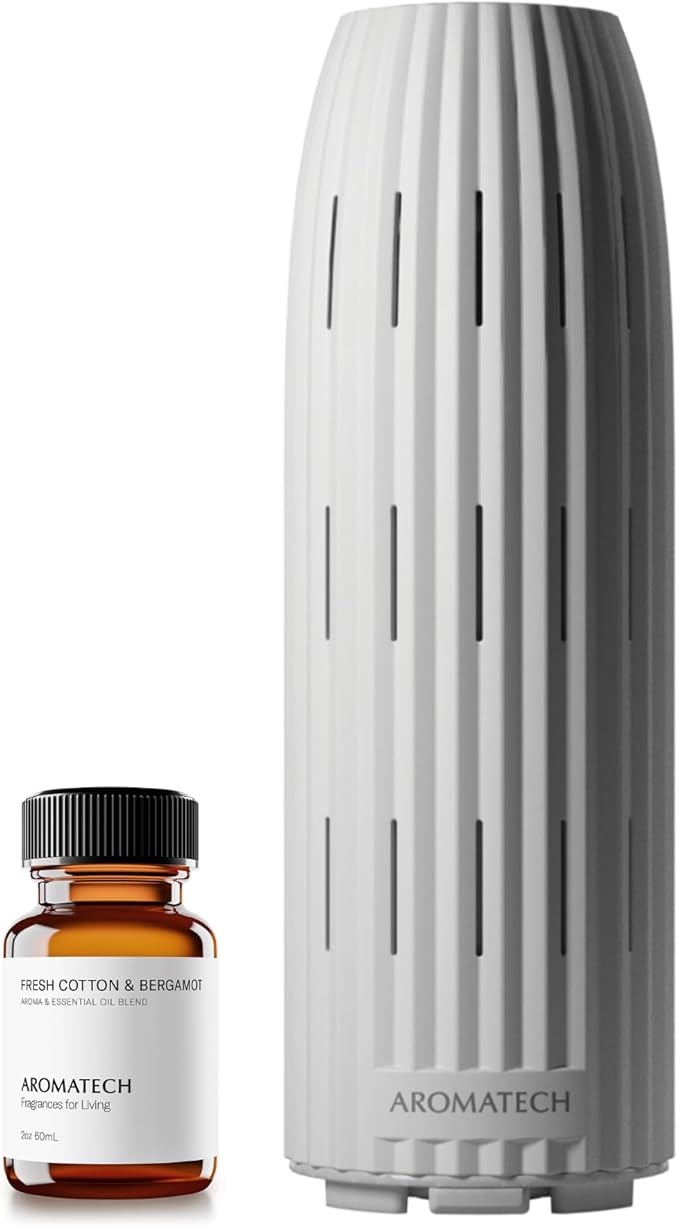 AromaTech Ambience Scent Diffuser for Essential Oil Blends & Fragrances – Waterless Scent Machine w/Bluetooth for Home, Bathroom Boutiques, Hotel, Spa – White Stone with 60 ml Oil