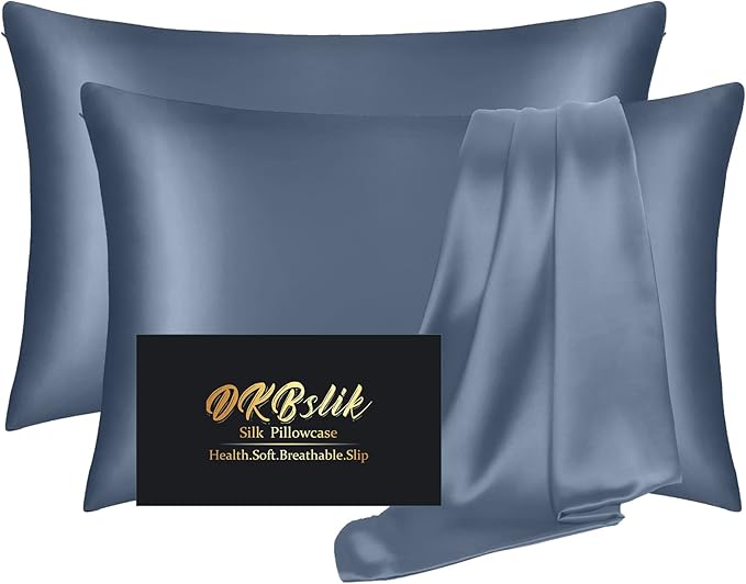 Silk Pillowcase 2 Pack, Mulberry Silk Pillow Cases Queen Size Set of 2, Anti Acne Silk Pillowcase for Hair and Skin, Natural Silk Satin Pillowcases Gifts for Women 2 Pack with Hidden Zipper, Ash Blue