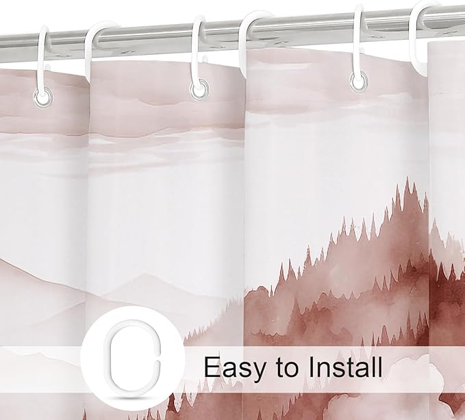 Burgundy Extra Long Misty Pine Forest Shower Curtain 72 x 84, XL Mountain Foggy Woodland Scenery Tree Shower Curtains for Bathroom, Abstract Waterproof Nature-Themed Decor