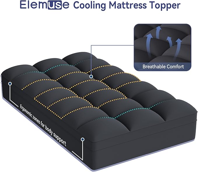 ELEMUSE Twin XL Black Cooling Mattress Topper, Pillow Top, 100% Polyester, Machine Washable, 10 Inches