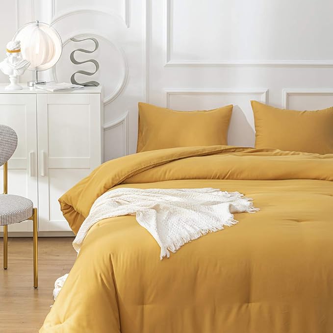Cottonight Mustard Yellow Comforter Sets Queen Dark Yellow Comforter Full Lightweight Cozy Mustard Bedding Comforter Sets Ginger Yellow Blanket Quilts Soft Comfy for Women Men Adults Teens