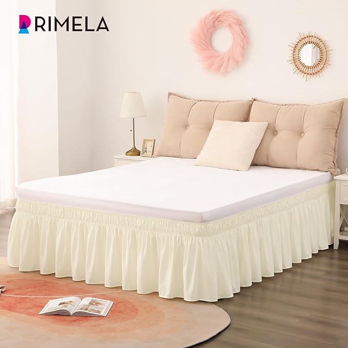 RIMELA Cream Yellow Bed Skirt Twin Size 15 Inch Drop, Elastic Bed Skirting for Bed Base and Frame, Bedding Dust Ruffle Easy to Install, Lightweight Comforter Set with Wrap Around Adjustable Bedskirt