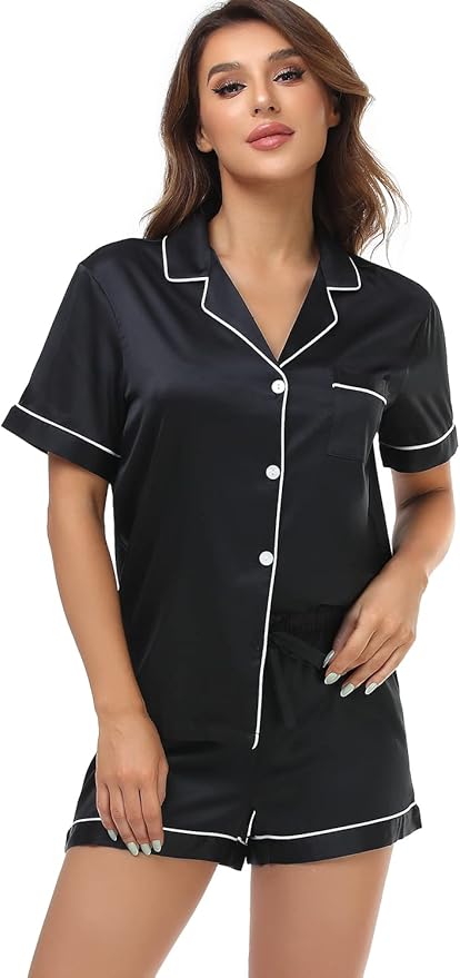 Women's Satin Pajama Set 2-Piece Sleepwear Loungewear Button Down Short Sleeve Silky PJ Set