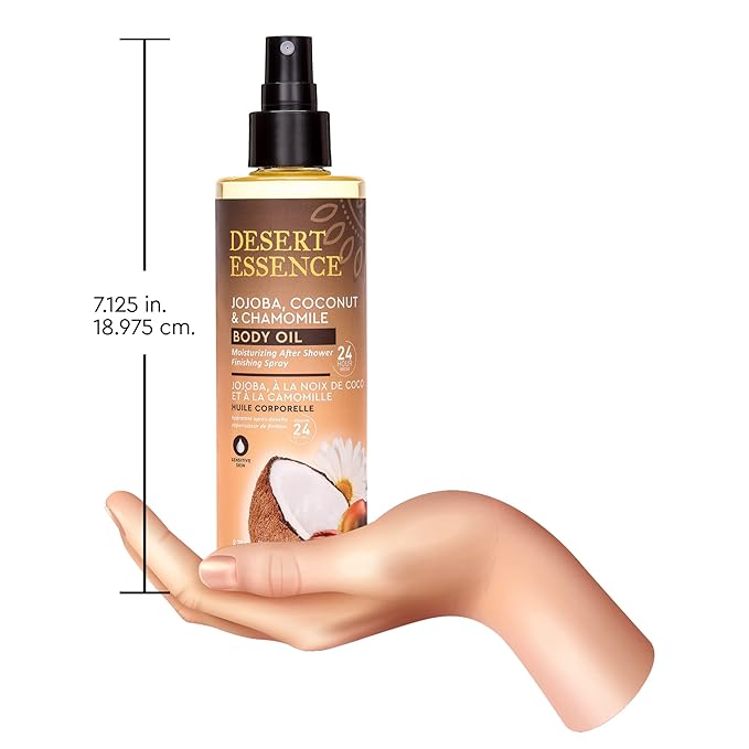 Desert Essence Body Oil Spray – 8.28 fl oz | Jojoba, Coconut & Chamomile | 24-Hour Moisture for Dry Skin | Lightweight After-Shower Oil | Vegan, Cruelty-Free, B-Corp, Made in USA