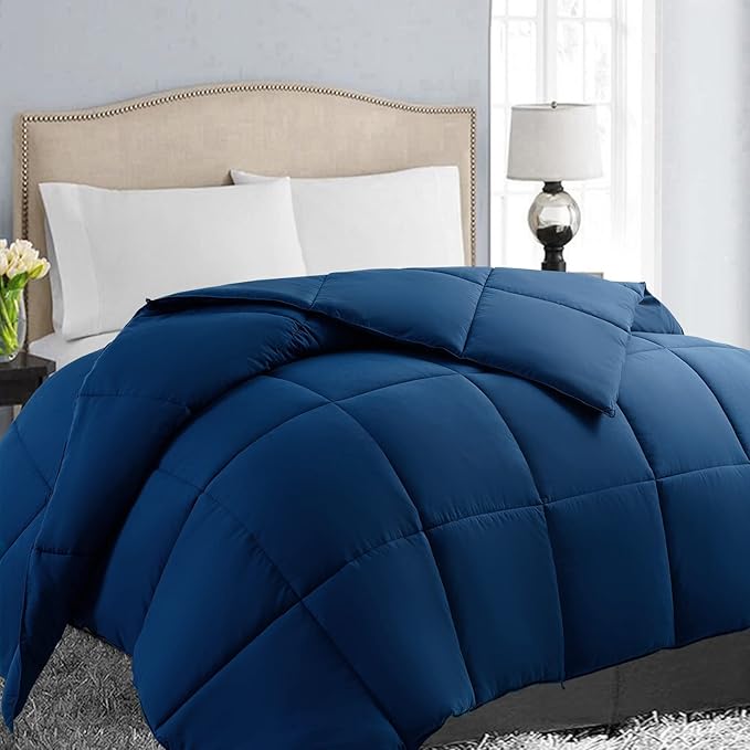 EASELAND Twin Size Down Alternative Comforter - Quilted Duvet Insert for All Seasons, Soft Lightweight with Corner Tabs, Summer Winter Warm Bedding, Navy 64×88 Inches