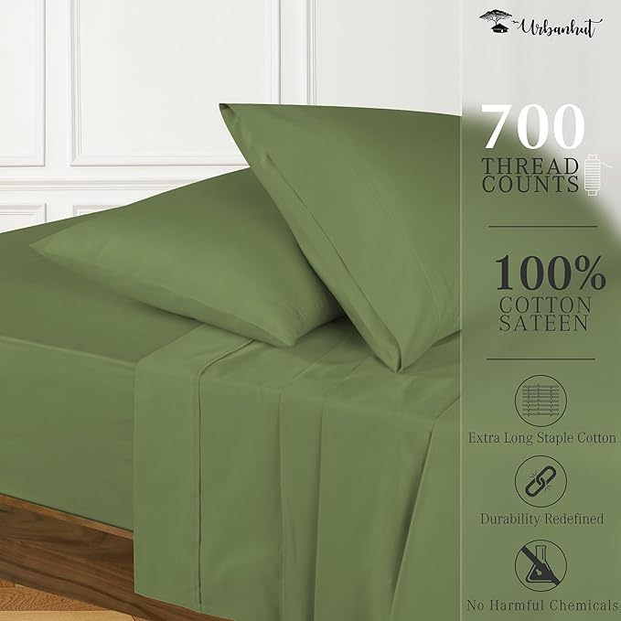 URBANHUT 700 Thread Count Egyptian Cotton Full Sheets, 4Pc Sheet Set Soft Luxury Bed Sheets for Full Size Bed, Sateen Weave Hotel Sheets, 14'' Elasticized Deep Pocket - Sage