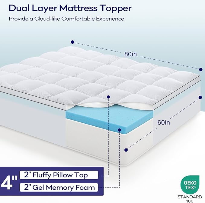 OLANLY Dual-Layer 4 Inch Queen Size Memory Foam Mattress Topper for Back Pain, 2 Inch Cooling Pillow Top Mattress Pad Cover and 2 Inch Gel Memory Foam Topper, Deep Elastic Pocket, White