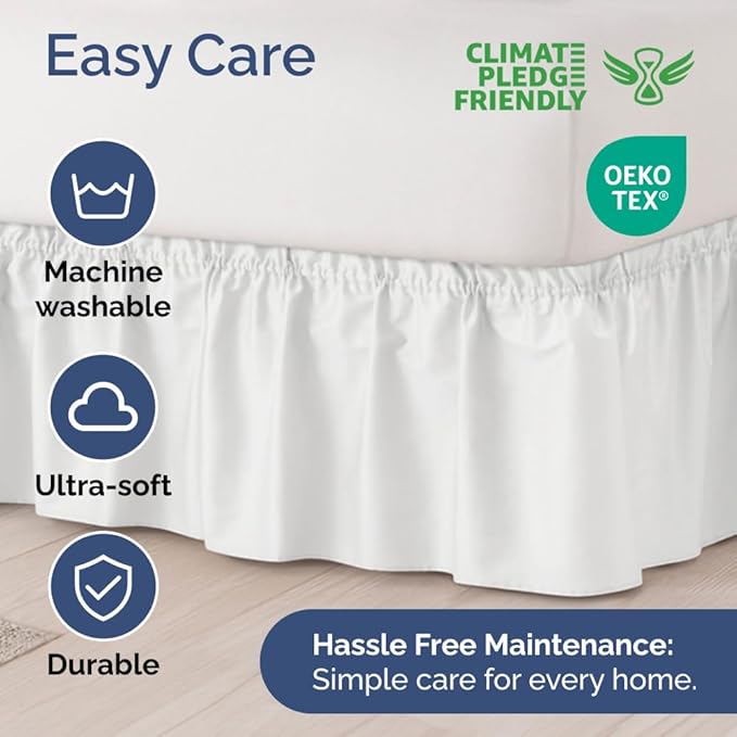 Wrap Around Dust Ruffle Bed Skirt - White - for King Size Beds with 24 Inch Drop - Easy Fit Elastic Strap - Adjustable Pleated Bedskirt w/Brushed Fabric - Wrinkle Free - for Women, Men, Kids & Teens