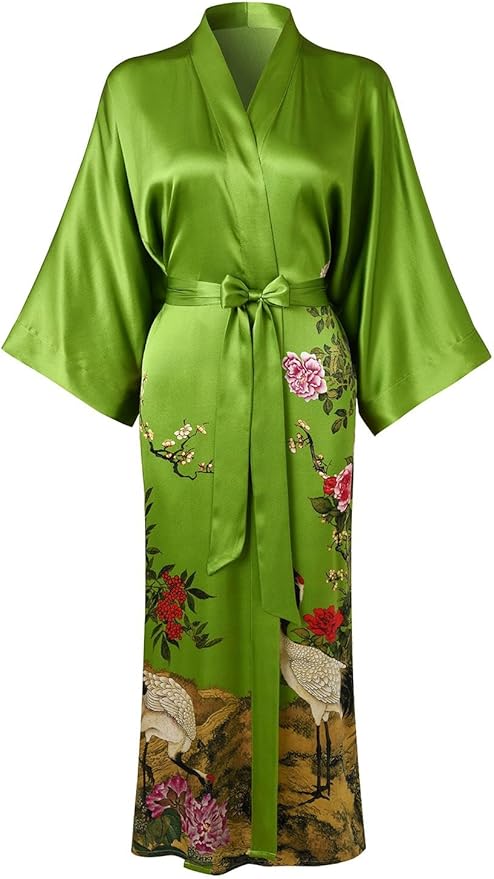 Women's Silk Kimono Robe Long Bathrobe Nightgown 100% Mulberry Silk for Women - Classic Floral Pattern