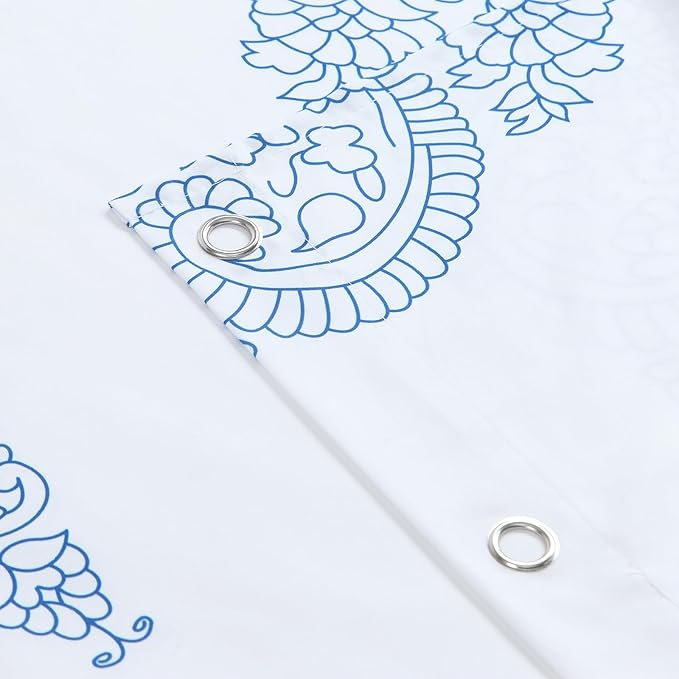 Extra Long Fabric Shower Curtain, White and Blue Paisley Damask Medallion Print Shower Curtains for Bathroom, 72" W x 84" H