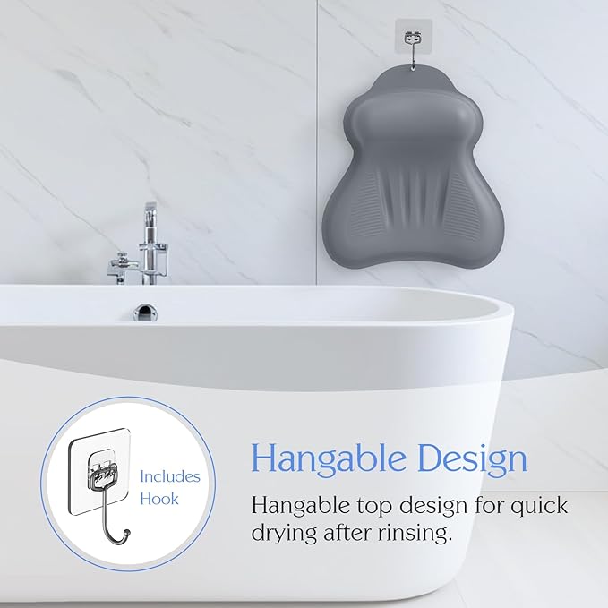 Silicone Bath Pillow, New Material Bath Pillows for Tub Head Neck and Back Support, Bath Tub Pillow with 4D Press Inflatable Airbag and Non-Slip Strong Suction Cups, Quick-Drying, Easy to Store, Gray