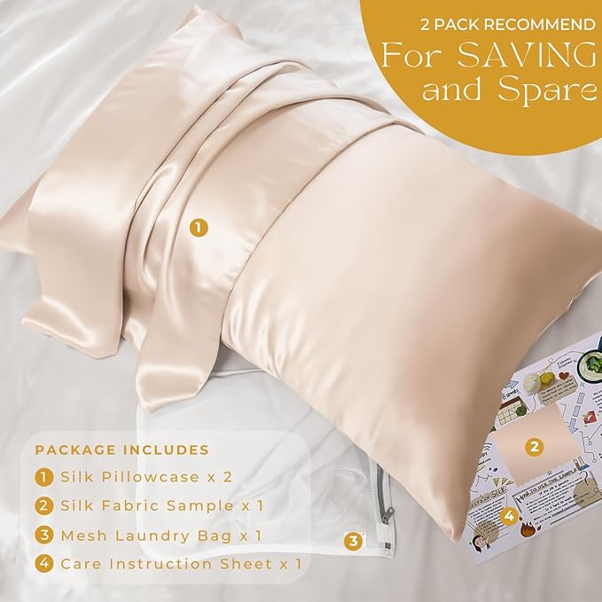 PROMEED 100% Mulberry Silk Pillowcase 2 Pack with Zipper, 23 Momme Grade 6A+ Silk Pillow Case King Size Set of 2, Cooling Pillow Cases for Hot Sleepers (King 20"x36", Champagne)