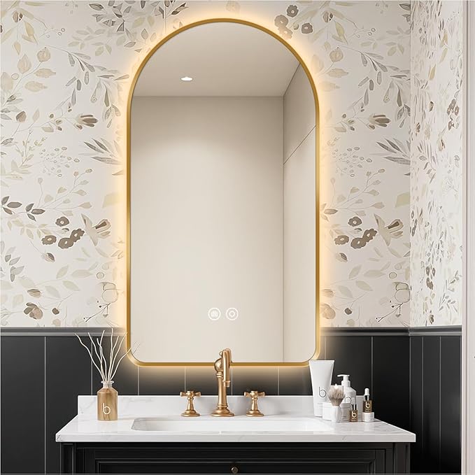 40"L x 30"W Arched LED Bathroom Mirror, Brushed Gold Frame, Backlit Vanity Mirror with Lights, Wall Mounted Lighted Mirror, Dimmable 3-Color Shatter-Proof Arch Smart Mirror, UL-Listed, CRI≥93