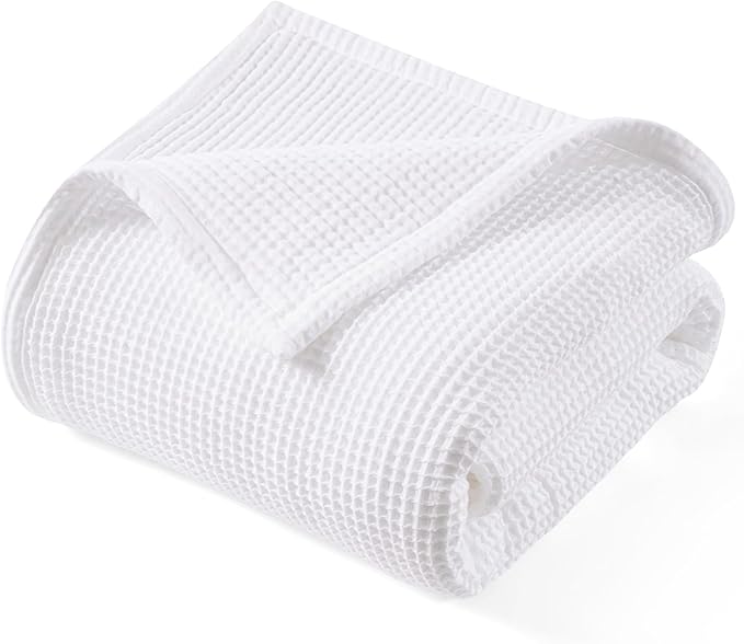 PHF 100% Cotton Waffle & Muslin Blanket King Size, Soft Breathable Luxury 400GSM Versatile Reversible Bedding for Bed, Great for Layering in Cold Weather, Home Decor Gift, 104" x 90", White