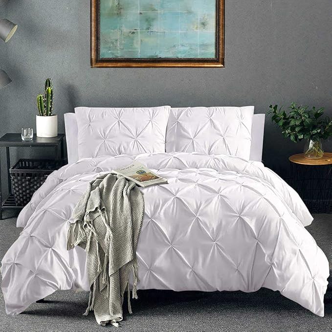 Pinch Pleated Duvet Cover Set 100% Brushed Microfiber 3PC Oversize Plus Size 128x120 Duvet Cover Set, Decorative Pinch Design White Duvet Cover with Matching Pillow Case