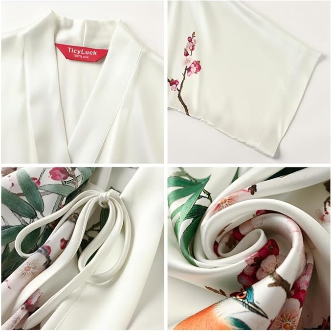 Women's Silk Kimono Robe Long Bathrobe Nightgown 100% Mulberry Silk for Women - Classic Floral Pattern