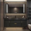 Bathroom Vanity, Floating Bathroom Vanity with Single Sink, Solid Wood Bathroom Vanities Includes LED Smart Defogging Mirror Cabinet & One-Piece Sink, Modern Vanities with 2 Drawer Storage (Black,72")