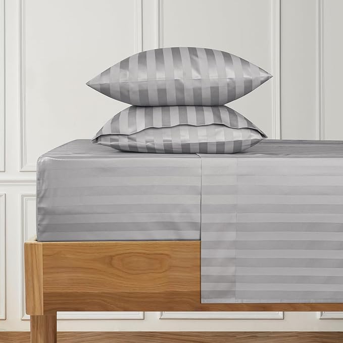 URBANHUT 1000 Thread Count Egyptian Cotton Sheets Damask Striped Full Size, Breathable Long Staple, 4 Pc Bed Sheet Sets, Luxury Hotel Sateen Finish Sheets Fits 16" Deep Pocket - Silver Grey