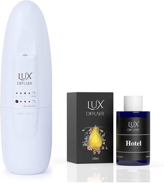 Lux Diffuser – Plug-in Waterless Essential Oil Diffuser, Nanotechnology, Silent Wall Scent Machine for Home & Office, Up to 500 Sq. Ft Coverage (Diffuser with Hotel Scent)