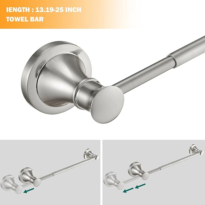 Hoimpro Brushed Nickel 4-Piece Bathroom Bath Set, Wall Mount Bathroom Hardware Fixture (Adjustable Towel Bar Rack, Towel Ring Holder, Paper Towel Holder, Double Towel Hook), Bathroom Accessories