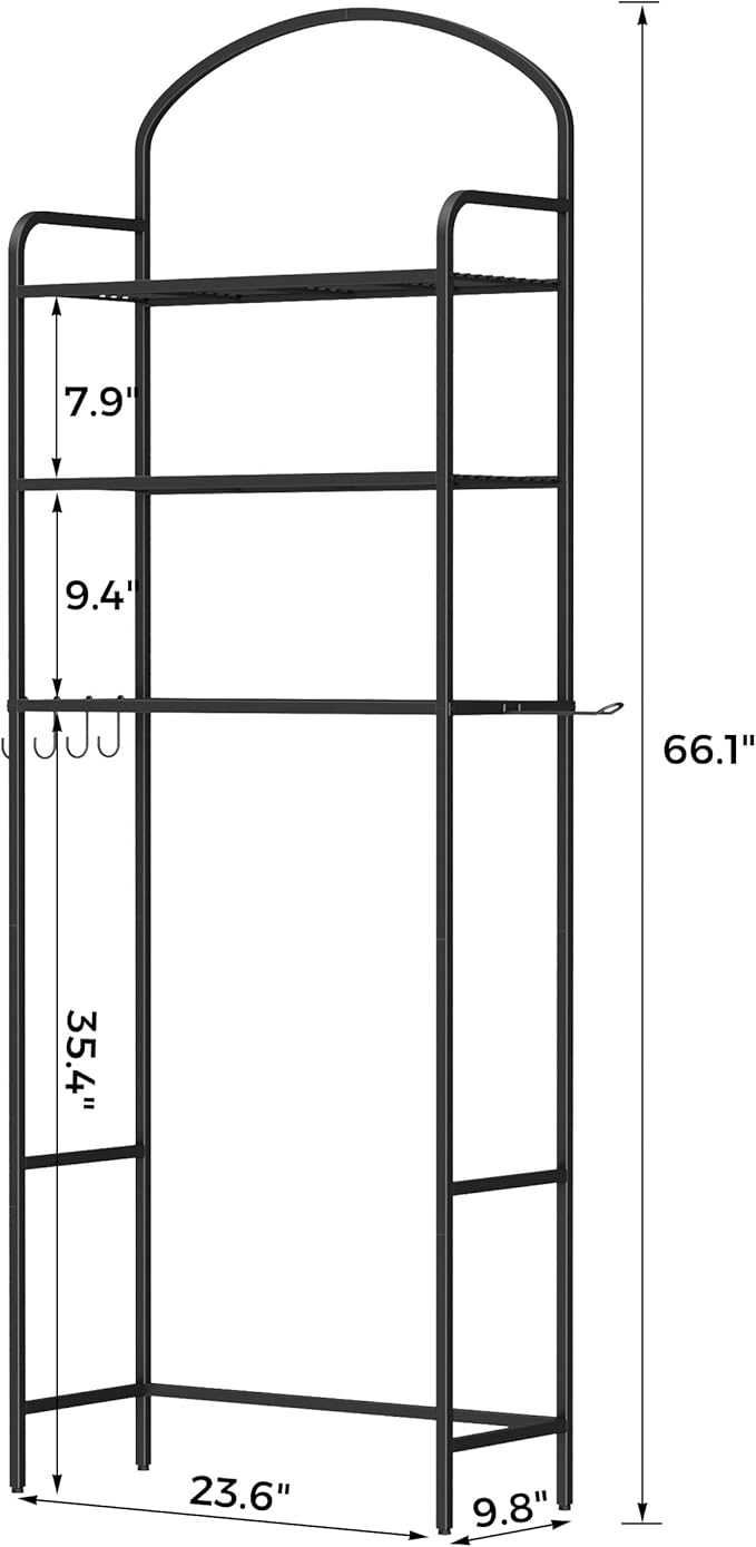 3-Tier Over The Toilet Storage, Bathroom Organizer, Space-Saving, Above Toilet Storage Rack with 4 Hooks and Paper Holder, Metal Shelf, Black