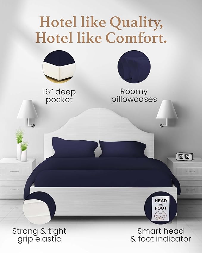 Good Sleep Bedding Twin XL Sheet Set - 100% Egyptian Cotton Bedding Set, 4 Pc, Twin XL Bed Sheets, Soft, Luxury Sateen Weave, 16" Deep Pocket XL Twin Sheet Set - Navy Blue Sheets