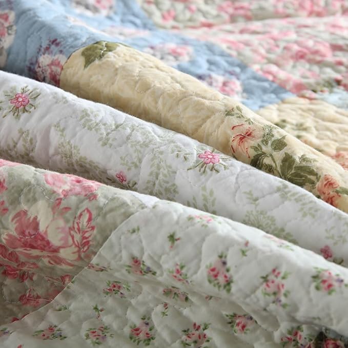 Cotton Bedspread Quilt Bedding Sets 3 Pieces Reversible Coverlet Sets Comforters Green Rose Floral Patchwork Bedspread, King Size