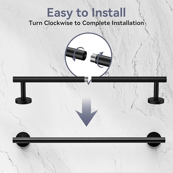 Matte Black Towel Bar, 16 Inch Bathroom Towel Rack, Towel Holder Wall Mounted, Thicken SUS304 Stainless Steel Towel Rod Modern Home Decor (Total Length 18-Inch)