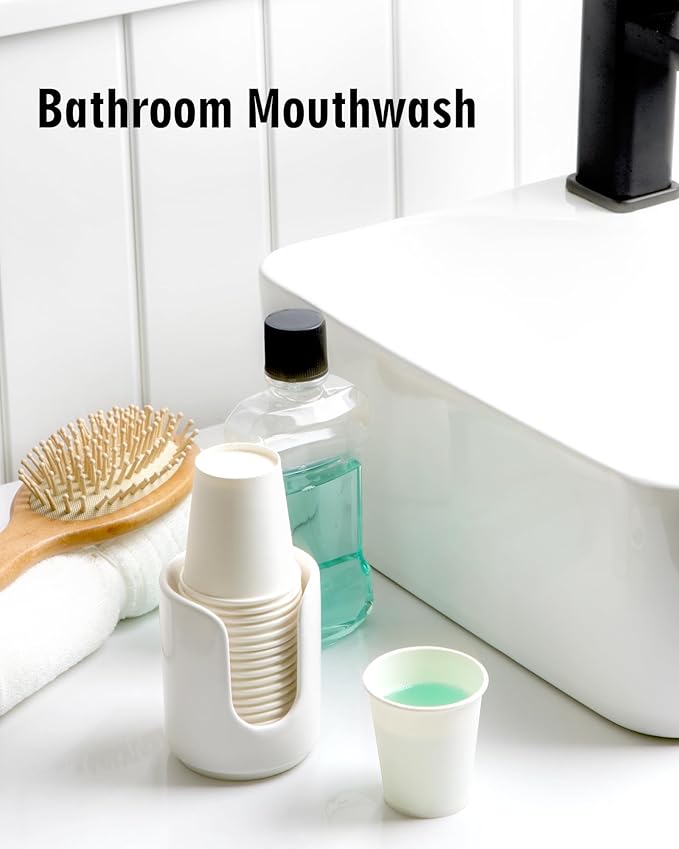 3 oz Original Ceramic Bathroom Cup Dispenser with 5 PLA Paper Cups, Bathroom Essential Accessories for Mouthwash Holder on Vanity Countertops (1 Pack, White)