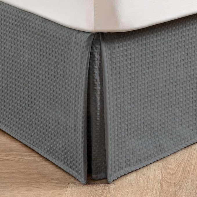 MIYE Pleated Waffle Weave Bed Skirt, Tailored Dust Ruffle 22 Inch Drop Easy Fit, Machine Washable (Dark Grey, Twin - 22" Drop)