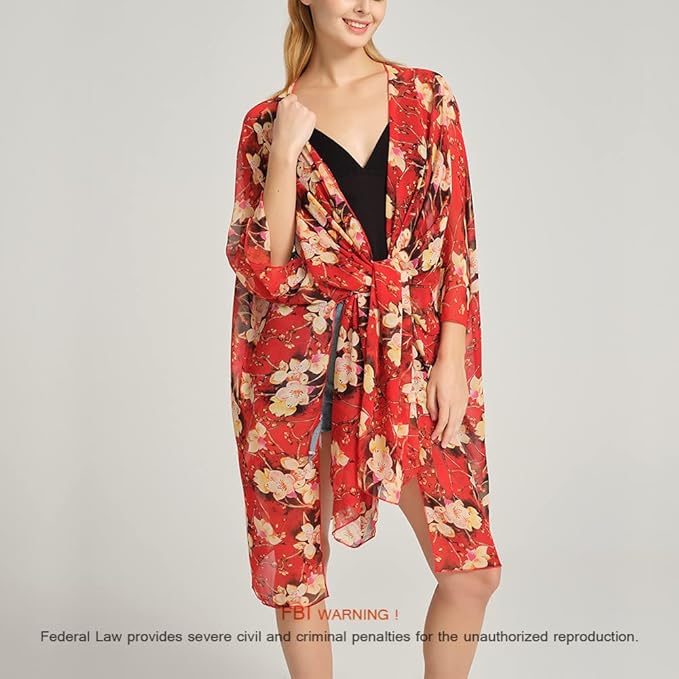 Women's Bohemian Floral Chiffon Beach Cover up Swimsuit Kimono Summer Swimwear Cardigans