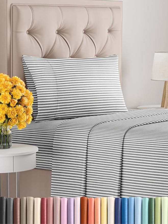 Twin Size 3-Piece Sheet Set - Extra Soft, Breathable & Cooling - Hotel Luxury Durable Bed Sheets - Deep Pockets, Easy-Fit & Wrinkle-Free - Grey Stripes Oeko-Tex