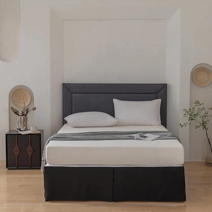 Queen Bed Skirt, Wrap Around Bed Skirt with Pleated Corner, 14 Inch Drop Pleated Waffle Weave Bedskirts, Anti-Slip, Microfiber, Black, 14'' Queen