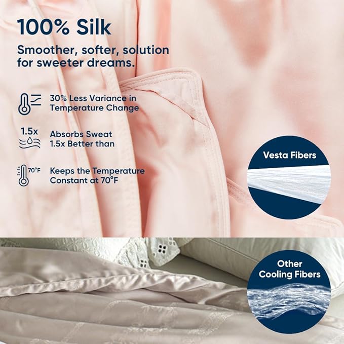 Vesta Washable Silk Lightweight Comforter, Cooling Blanket for Hot Sleepers, 100% Long Staple Mulberry Silk, Moisture & Thermal Control for Summer Use (Heavenly Pink, Full/Queen 90'' X 90'')